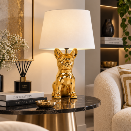 Lampe à Poser «Bouledogue» 44cm Doré & Blanc