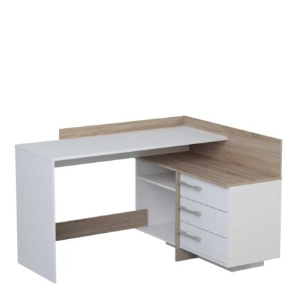Bureau D'angle "Penthagore" 130cm Blanc & Naturel