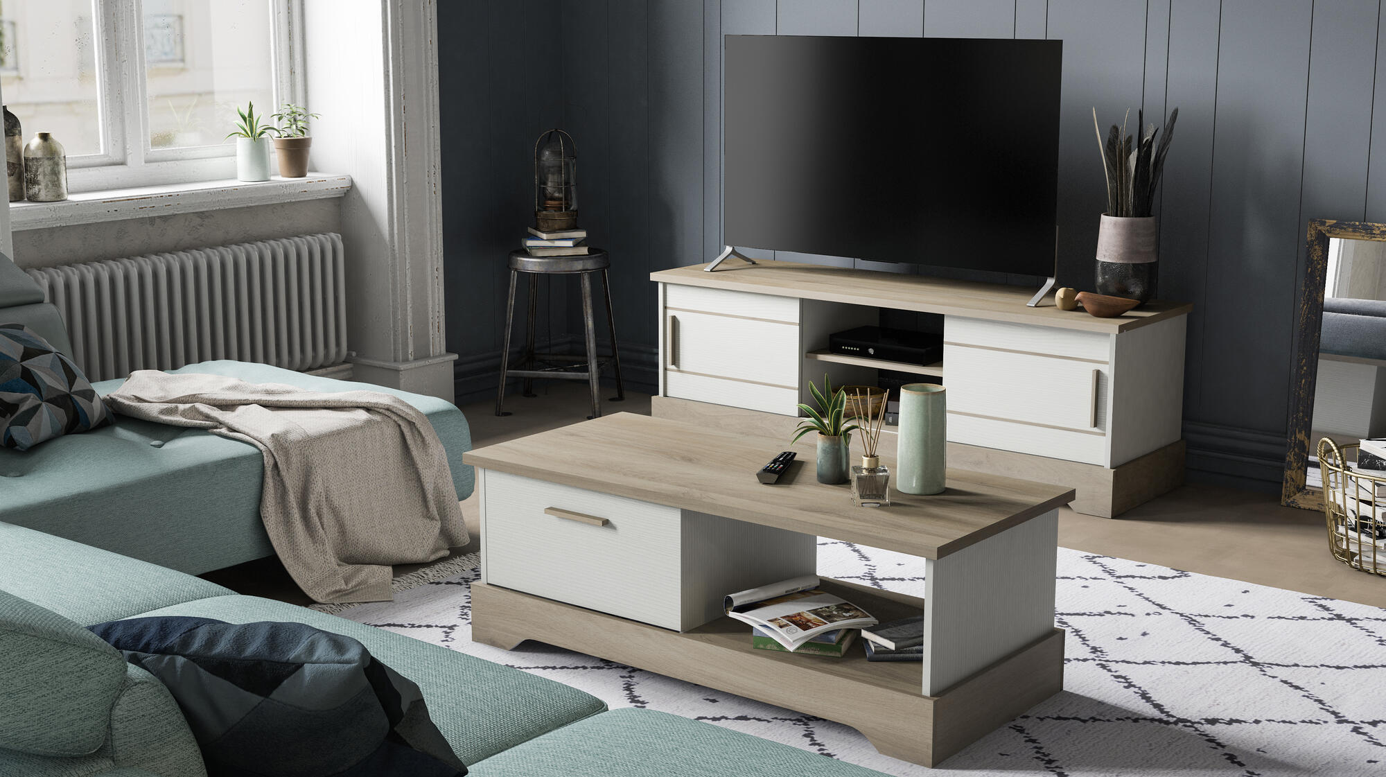 Table Basse "Cottage" 110cm Naturel & Blanc – Image 3