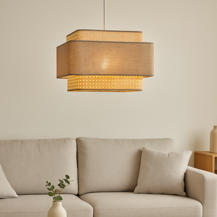 Lampe Suspension Cannage "Carre" 36cm Marron