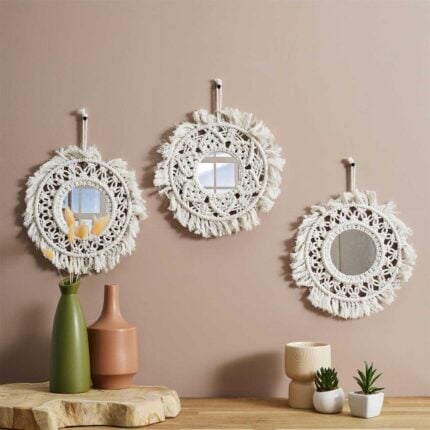 Lot De 3 Miroirs Deco "Boho" 28cm Creme