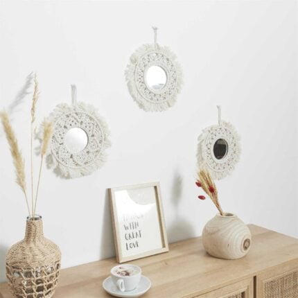 Lot De 3 Miroirs Deco "Boho" 28cm Creme
