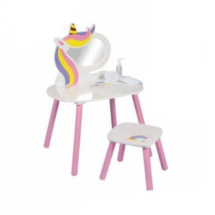 Coiffeuse Miroir & Tabouret "Sweet Licorne" 60cm Blanc Rose