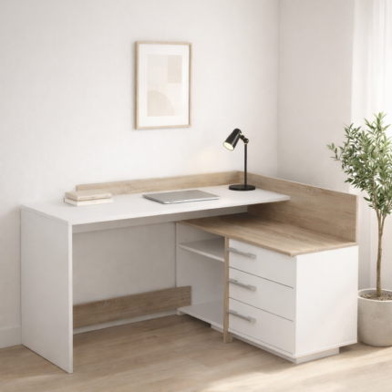 Bureau D'angle "Penthagore" 130cm Blanc & Naturel