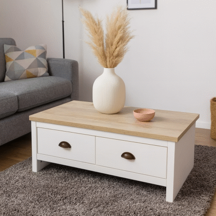 Table Basse 2 Tiroirs "Virginia" 90 cm Naturel & Blanc