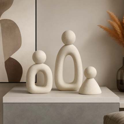 Lot de 3 Statuts Abstraites "Famille Minimaliste" 20cm Crème