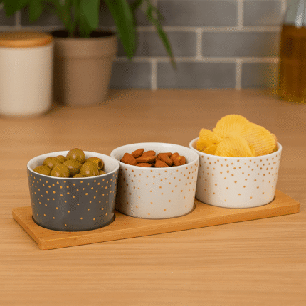 Set Apéritif 4 Pièces en Grès "Pois dorés" 30cm