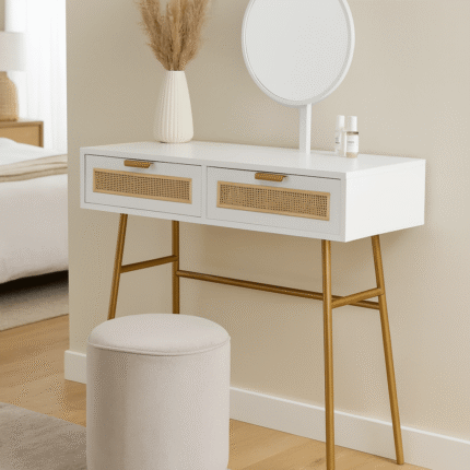 Coiffeuse 2 Tiroirs En Bois "Elsa" 120 cm Blanc & Or