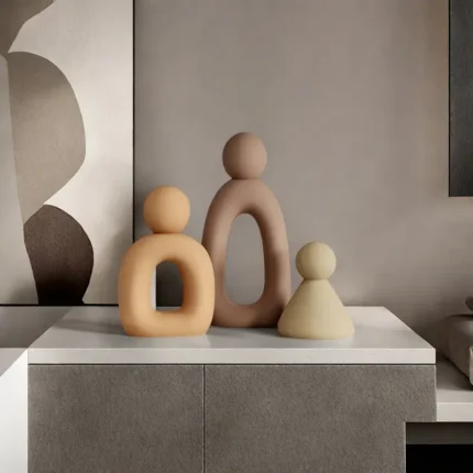 Lot de 3 Statuts Abstraites "Famille Minimaliste" 20cm Taupe