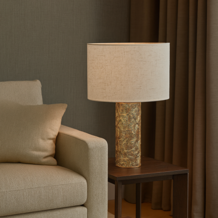 Lampe À Poser En Métal & Lin "Calathéa" Beige Dorée
