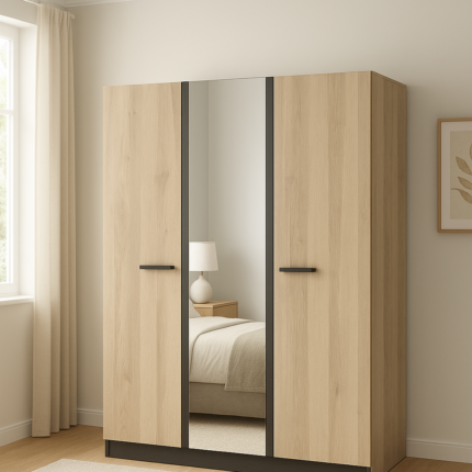 Armoire 3 Portes avec Miroir "Watson" 192cm Chêne