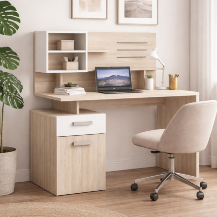 Bureau fonctionnel "Malice" 125cm Chêne & blanc mat