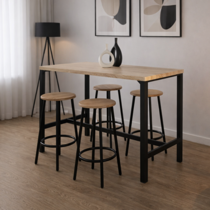 Table Haute & 4 tabourets "Loka" 100cm Noir