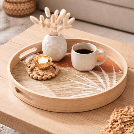 Plateau Rond Bois « Feuilles » 35cm Naturel & Rouge