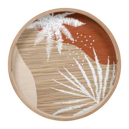 Plateau Rond Bois « Feuilles » 35cm Naturel & Rouge