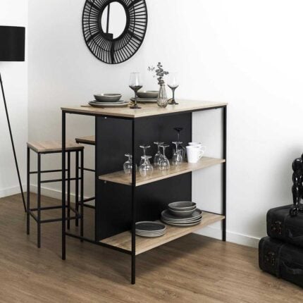 Ilot Central & 2 Tabourets "Aliaj" 105cm Naturel & Noir
