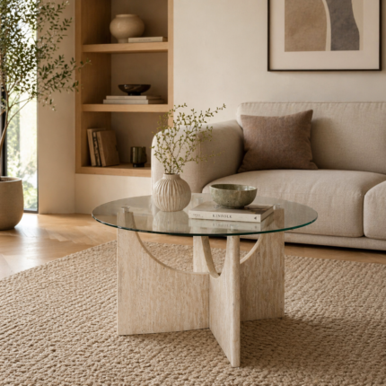 Table Basse en Verre "Pietra" 70cm Beige