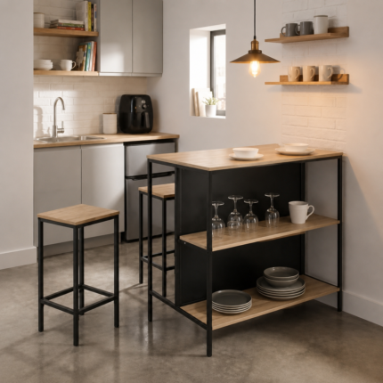 Ilot Central & 2 Tabourets "Aliaj" 105cm Naturel & Noir