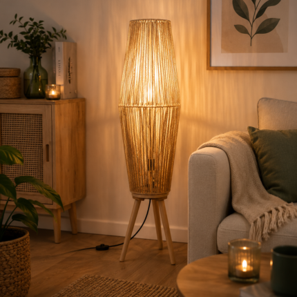 Lampadaire Trépied en Rotin "Leandra" 90cm Naturel