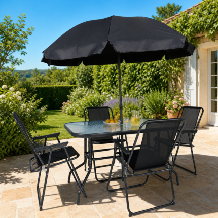 Table de Jardin & 4 Chaises "Parasol" 120cm Noir