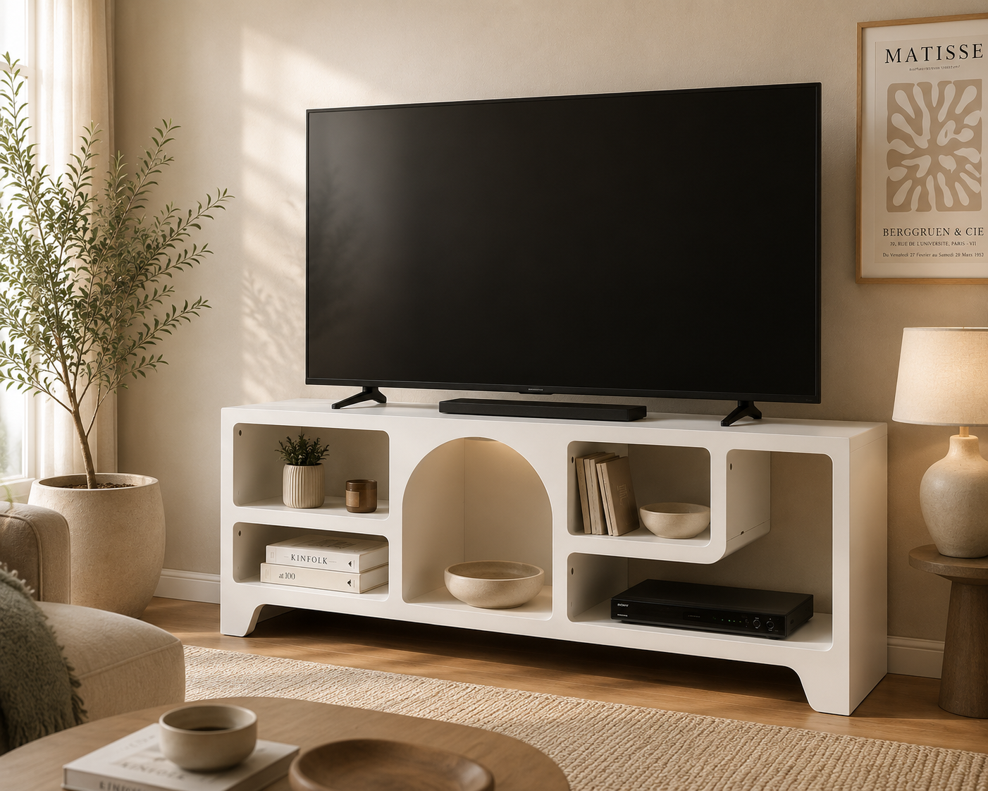 Meuble TV Organique 5 Niches "Alegra" 120cm Blanc
