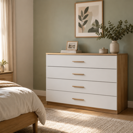 Commode 4 Tiroirs "Selena" 100cm Chêne brossé & Blanc