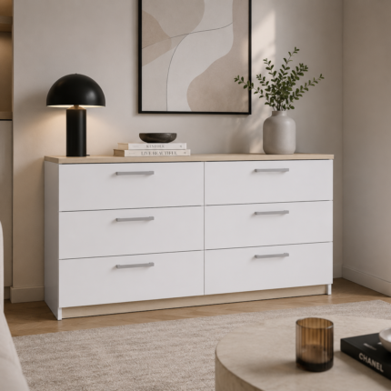 Commode 6 Tiroirs "Watson" 120cm Blanc & Chêne CLAIR