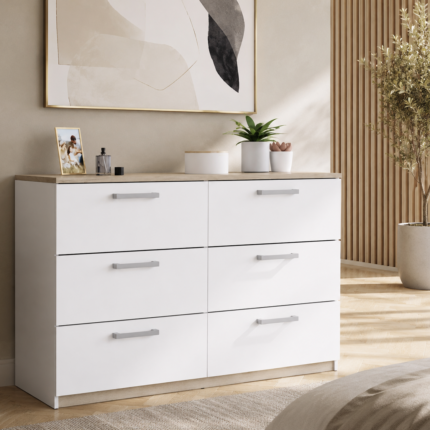 Commode 6 Tiroirs "Watson" 120cm Blanc & Chêne