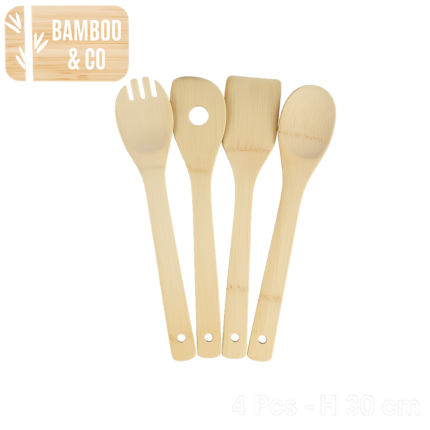 Lot de 4 Ustensiles de Cuisine "Bambou" 30cm Naturel
