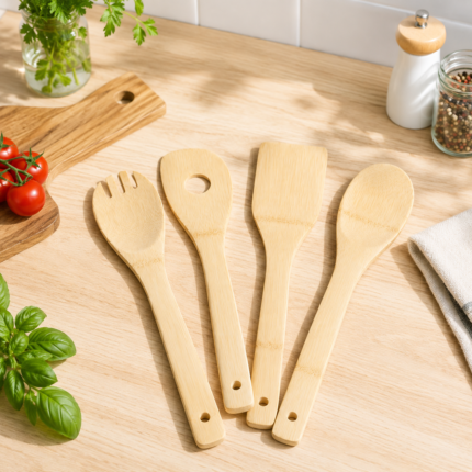Lot de 4 Ustensiles de Cuisine "Bambou" 30cm Naturel