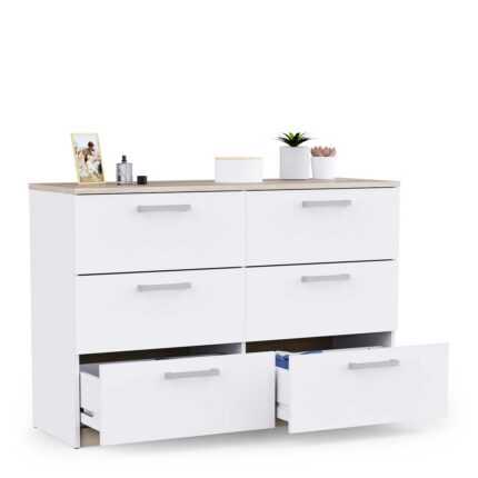 Commode 6 Tiroirs "Watson" 120cm Blanc & Chêne CLAIR